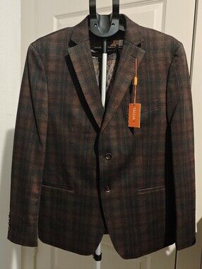 NWT Tallia Men's Double Vents & Button Closure Sport Blazer Rust/Black Plaid 42S